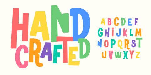 Fototapeta na wymiar Colorful playful childish alphabet, quirky kids letters, bold funny handcrafted font for joyful branding, fun headline, educational typography, creative cute jolly typographic design. Vector typeset