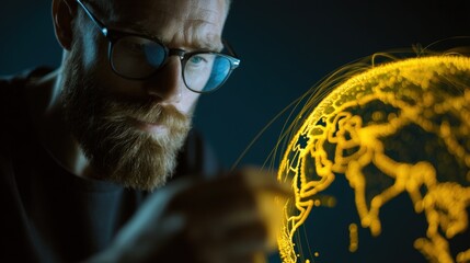 Man analyzing digital globe with data links	