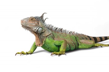 Green Iguana (also known as Common or American iguana) isolated on white background. mostly...