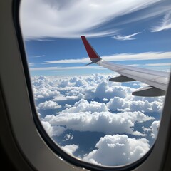 Fototapeta premium a view from an airplane window, showcasing a vast expanse of cloudy skies below.