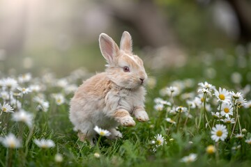 Fototapeta premium Adorable fluffy bunny rabbit hopping in daisy field