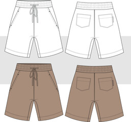 Men's sport shorts pant technical fashion drawing flat sketch, vector, illustration. Front and back view. Cad, Mockup.