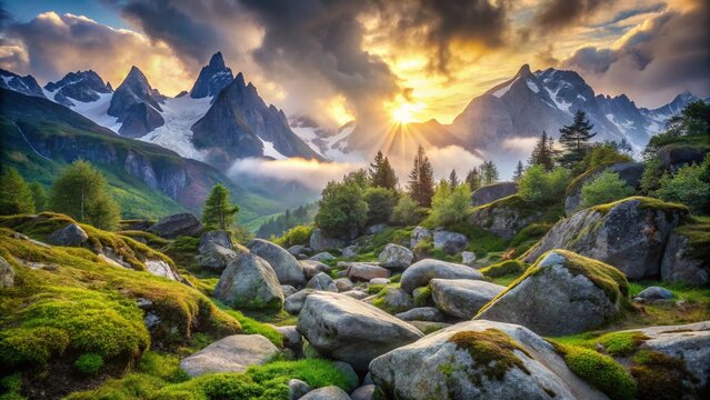 Beautiful mountain landscapes with clouds and reflections of snow-capped peaks in an alpine lake at sunrise or sunset - Powered by Adobe