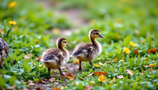 a tranquil outdoor setting featuring three young birds, most likely ducklings, in a grassy field with wildflowers
