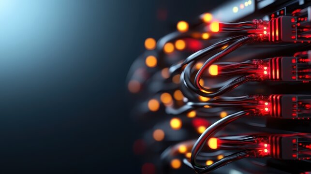 An intricate close-up shot of server cables illuminating with red lights, representing the core of modern digital connectivity and technology infrastructure.