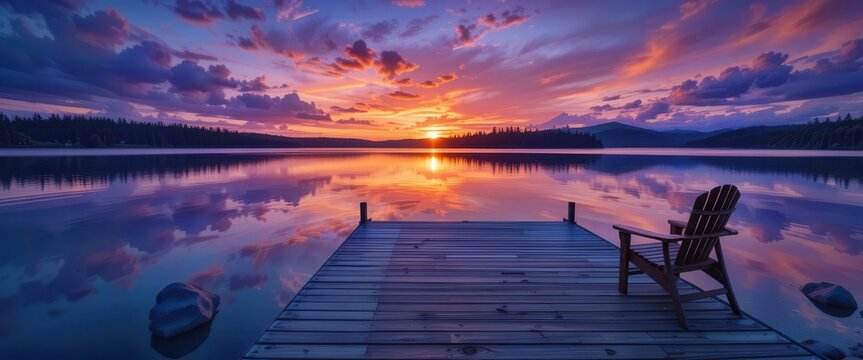 Sunset over calm lake with wooden dock and chair by the water