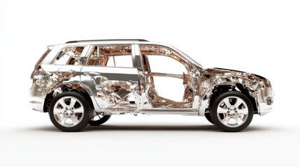 An impressive cutaway view of a modern SUV, showcasing its intricate engineering design and structure, highlighting technology and automotive innovation.