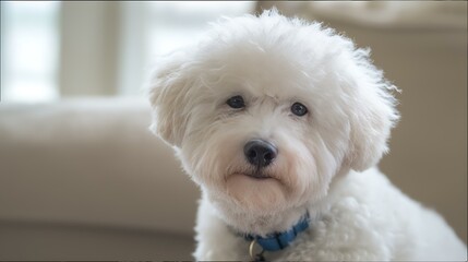 Adorable White Fluffy Bichon Frise Puppy: Indoors Portrait of a Playful and Joyful Small Breed Pet
