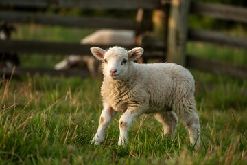 Obraz premium Adorable fluffy lamb in a green pasture