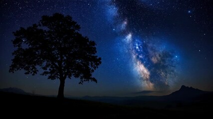 Lone tree silhouette under milky way galaxy. Night sky and astronomy concept. Scene for astrotourism destinations, mindfulness apps and cosmic awareness content
