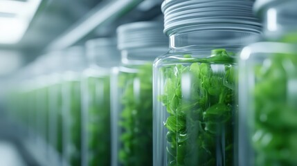 A collection of vibrant green plants housed in transparent glass jars inside a lab, emphasizing the intersection of nature and science in a sustainable environment.