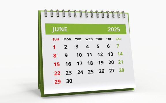 Standing Desk Calendar June 2025. Business monthly calendar with metal spiral-bound, the week starts on Sunday. Monthly Pages on a white base and green title, isolated on white background, 3d render