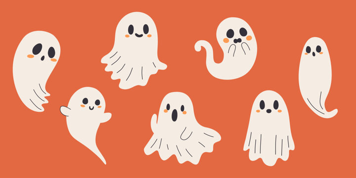 Zestaw duszk&oacute;w. Straszne i zabawne sylwetki duch&oacute;w. Tradycyjne dekoracje na Halloween. Ilustracja wektorowa.