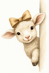 Cute Sheep Peeking Around the Corner &ndash; Whimsical Art for Kids' Rooms and Gifts