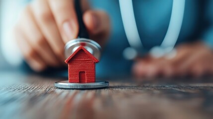 A red model house sits atop a coin, examined by a stethoscope, symbolizing health in real estate. This concept emphasizes the intersection of home and financial wellness.