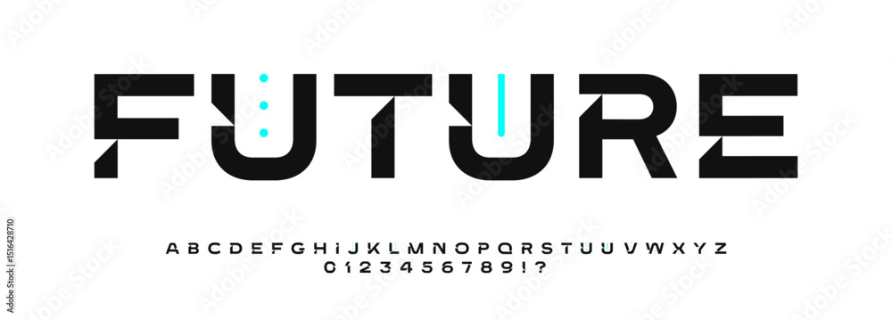 Aufkleber wide futuristic sans font with bold geometric cutouts, minimal sci-fi styling, sharp digital letters