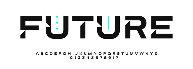 Wide futuristic sans font with bold geometric cutouts, minimal sci-fi styling, sharp digital letters for tech branding, AI interfaces, cyberpunk UI, modern logos, clean displays, secure design visual.