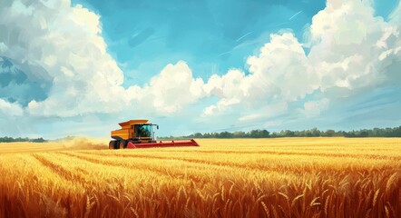Obraz premium Merging Harvest: Combine Harvester in Action Over Fertile Farm Landscape Under Clear Sky