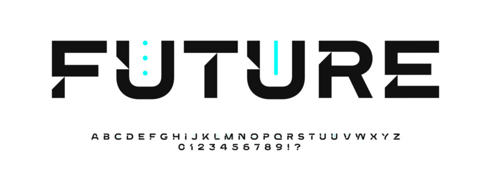 Wide futuristic sans font with bold geometric cutouts, minimal sci-fi styling, sharp digital letters for tech branding, AI interfaces, cyberpunk UI, modern logos, clean displays, secure design visual.