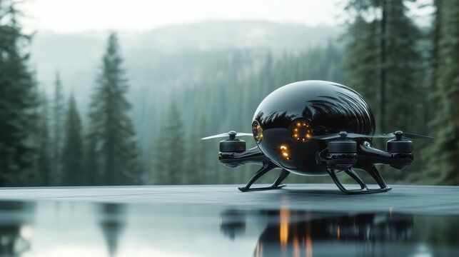 A sleek black drone with glowing lights rests on a smooth surface amidst a tranquil forest, blending technology seamlessly with nature's beauty and tranquility. - Powered by Adobe
