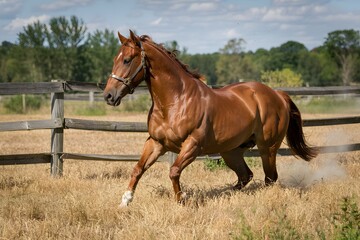 Fototapeta premium Chestnut horse running in dry grass pasture