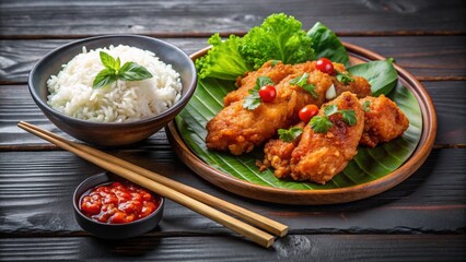 Fototapeta premium Delicious fried chicken and rice meal with fresh vegetables
