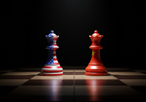 Usa versus china chess queen pieces depicting trade war and geopolitical strategy and international relations us china international global trade war