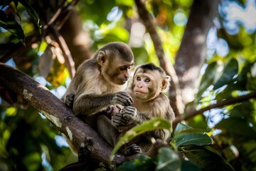 Fototapeta premium Two young monkeys interacting in a lush treetop