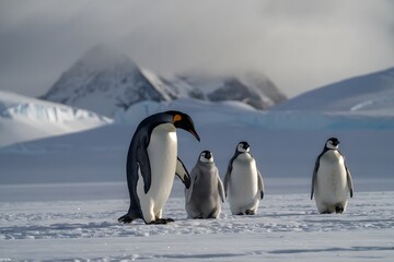 Fototapeta premium Emperor penguin family walking on antarctic ice
