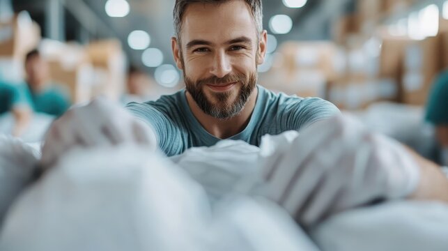 A cheerful man in a warehouse setting, conveying a positive attitude and teamwork spirit, showcasing the importance of collaboration in a busy work environment.