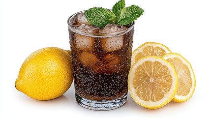 Refreshing Brown Carbonated Drink with Lemon and Mint