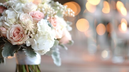 A stunning bouquet of pastel roses and white flowers is beautifully arranged, captured with a soft bokeh background that emphasizes elegance and romance.