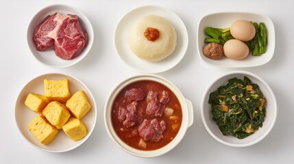 A variety of traditional dishes arranged beautifully, featuring meat, vegetables, and dumplings, ideal for culinary presentations, food blogs