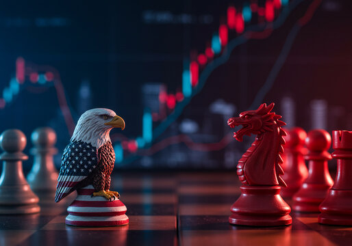 Usa versus china trade war concept with chess pieces eagle and dragon on stock market background photo us china international global trade war