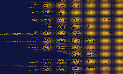 Abstract digital background featuring orange pixelated dots dispersing on a dark blue backdrop. Ideal for technology, data, innovation, and futuristic design themes.