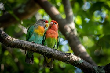 Obraz premium Pair of colorful lovebirds on a branch