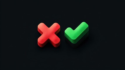 Fototapeta premium Minimal 3D symbols of red cross and green check mark on dark background representing right and wrong, decision-making and approval or rejection concepts for user interface visuals