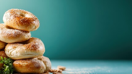 A delightful stack of fresh bagels is presented against a teal background, emphasizing the culinary appeal and inviting textures, perfect for breakfast and café themes.