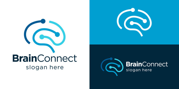 Creative simple brain connect logo template. Brain with dot connection logo design vector illustration.
