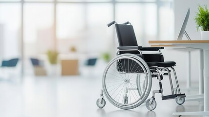 Wheelchair beside desk in minimalist office space, accessible workplace visual