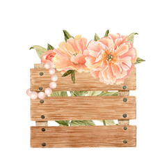 Blooming coral peonies in a wooden crate with pearl bracelet, watercolor floral composition, perfect for packaging, labels, cards, branding, invitations and farm market decor. Coral color. Shabby chic