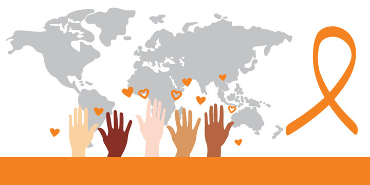Orange ribbon awareness vector with world map and diverse hands, symbol of leukemia support, hunger awareness, and global community advocacy for health and nutrition