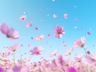 Cosmos Flowers Floating in Clear Blue Sky, Blooming Cosmos in Bright Sky, Windy Cosmos Petals in Air, Clear Sky with Falling Pink Flowers, Sunny Sky and Cosmos Blossom Scene
