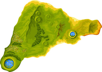 Easter island or Rapa Nui top view. Silhouette mountains, volcano crater, village, beach, forest, crag. Isolated vector cartoon map, undeciphered captions ancient peoples. 