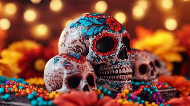 Colorful skull decoration with floral patterns and bright beads create vibrant festival and holiday celebration atmosphere featuring festive patterns and warm glowing lights