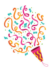 Party popper icon. Holiday popper cone with confetti, congratulate or celebrate element. Exploding cracker icon in flat design. Vector illustration isolated on white background