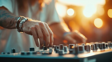 A skilled music producer is engaged in adjusting audio mixing equipment as the sun sets, embodying the passion and creativity of the music industry.