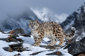 Fototapeta premium Majestic snow leopard in snowy mountain habitat