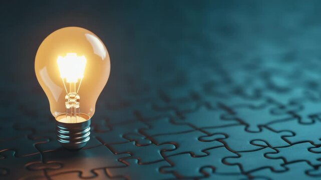 Glowing light bulb on dark puzzle piece surface symbolizes creativity, bright idea, innovation, inspiration, and problem solving with warm atmosphere and solution driven thinking