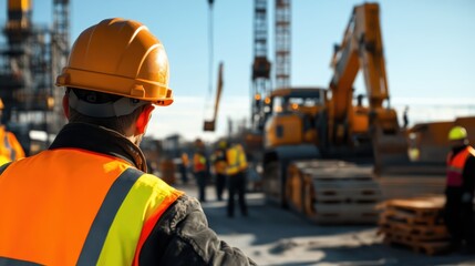 A construction worker in a safety helmet watches over a bustling industrial site, emphasizing the hard work and dedication involved in building projects and infrastructure.
